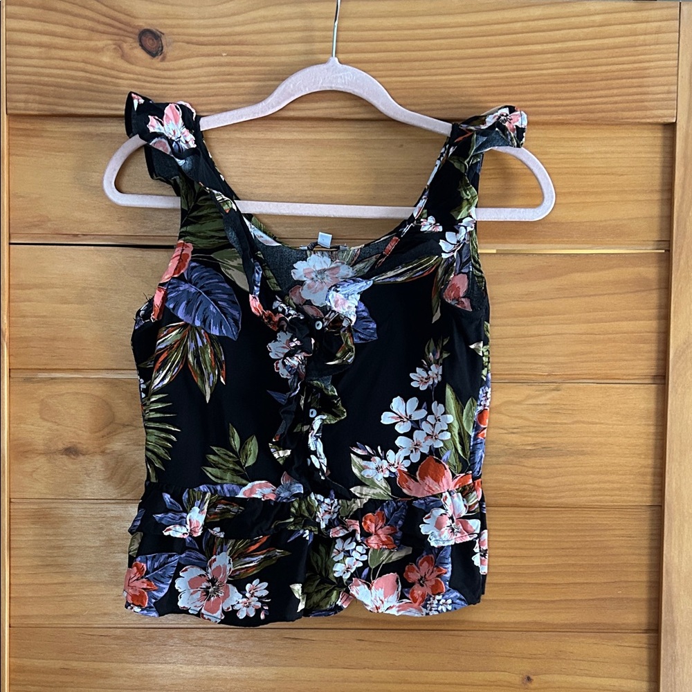 Patrons of Peace Black Floral Ruffle Tie-Front Camisole